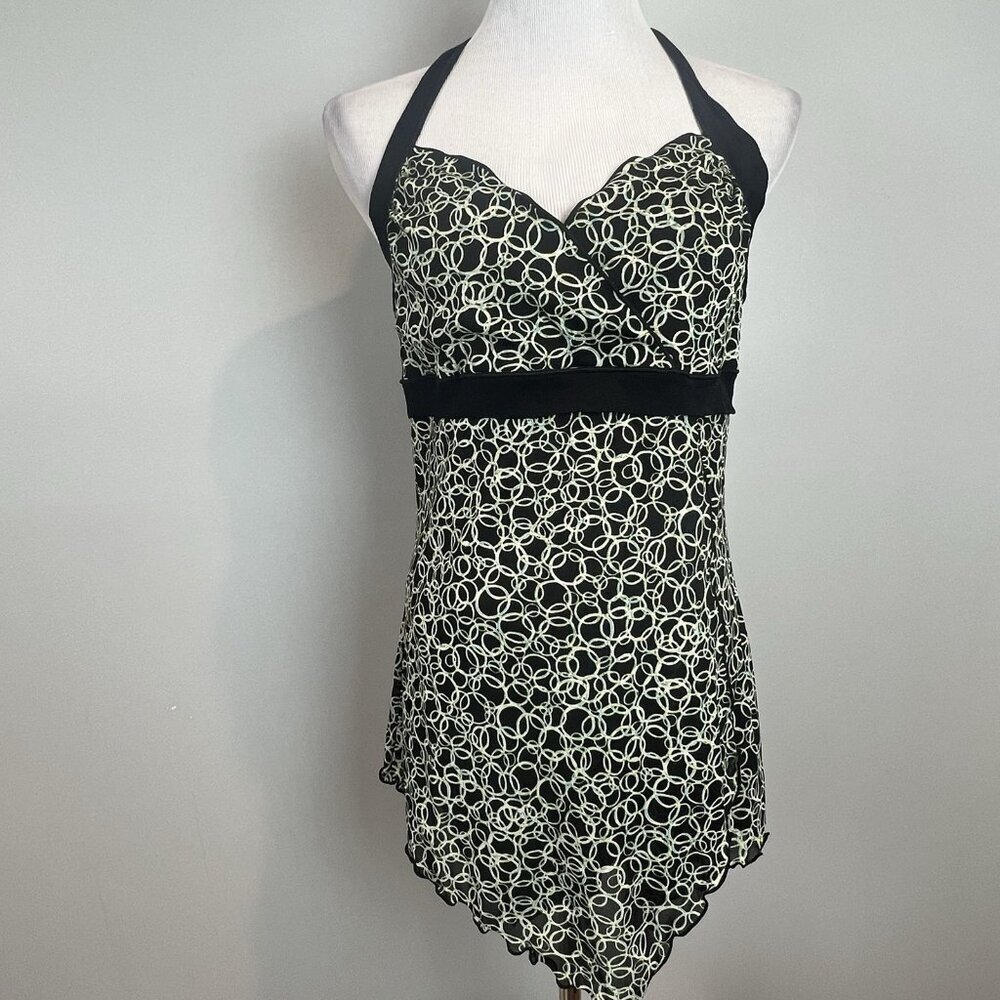 Y2K Babydoll Halter Blouse Size Medium Black Green Faux Wrap Max Studio USA Made